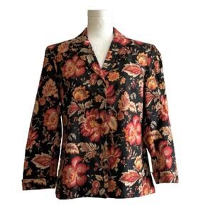 Talbots Blazer Black Floral Cotton 3/4 Sleeve Lightweight Jacket Size 6 Petite
